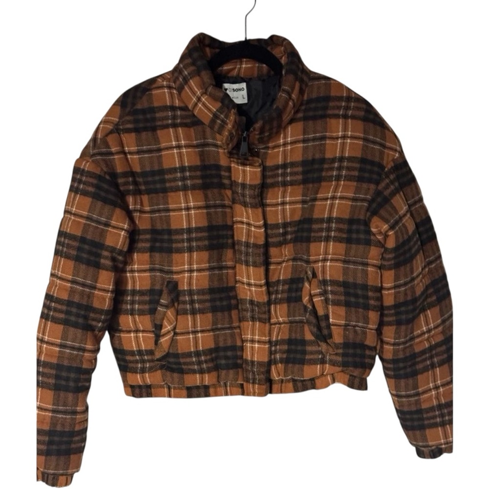 CiSONO Outerwear plaid cropped padded puffy jacket, Charlotte, Size L